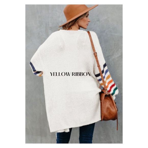 NEW Vintage 70’s 80’s White Rainbow Stripe Open Front Cardigan Sweater - Picture 2 of 8